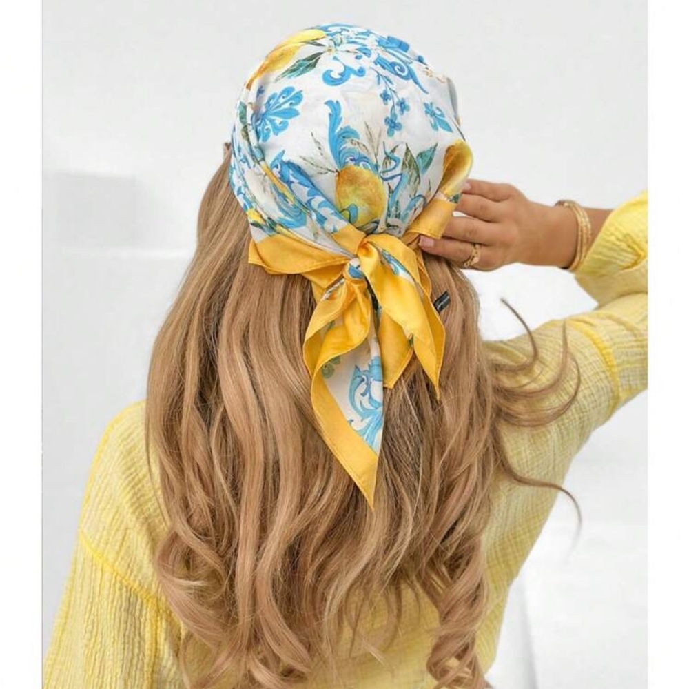 Anthropologie Yellow and Turquoise Floral Silk Bandana Scarf